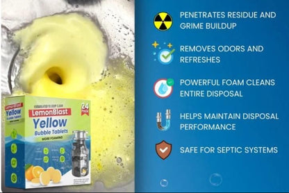 Yellow bubble tablets with a sink and cleaning action, accompanied by text on disposal benefits.